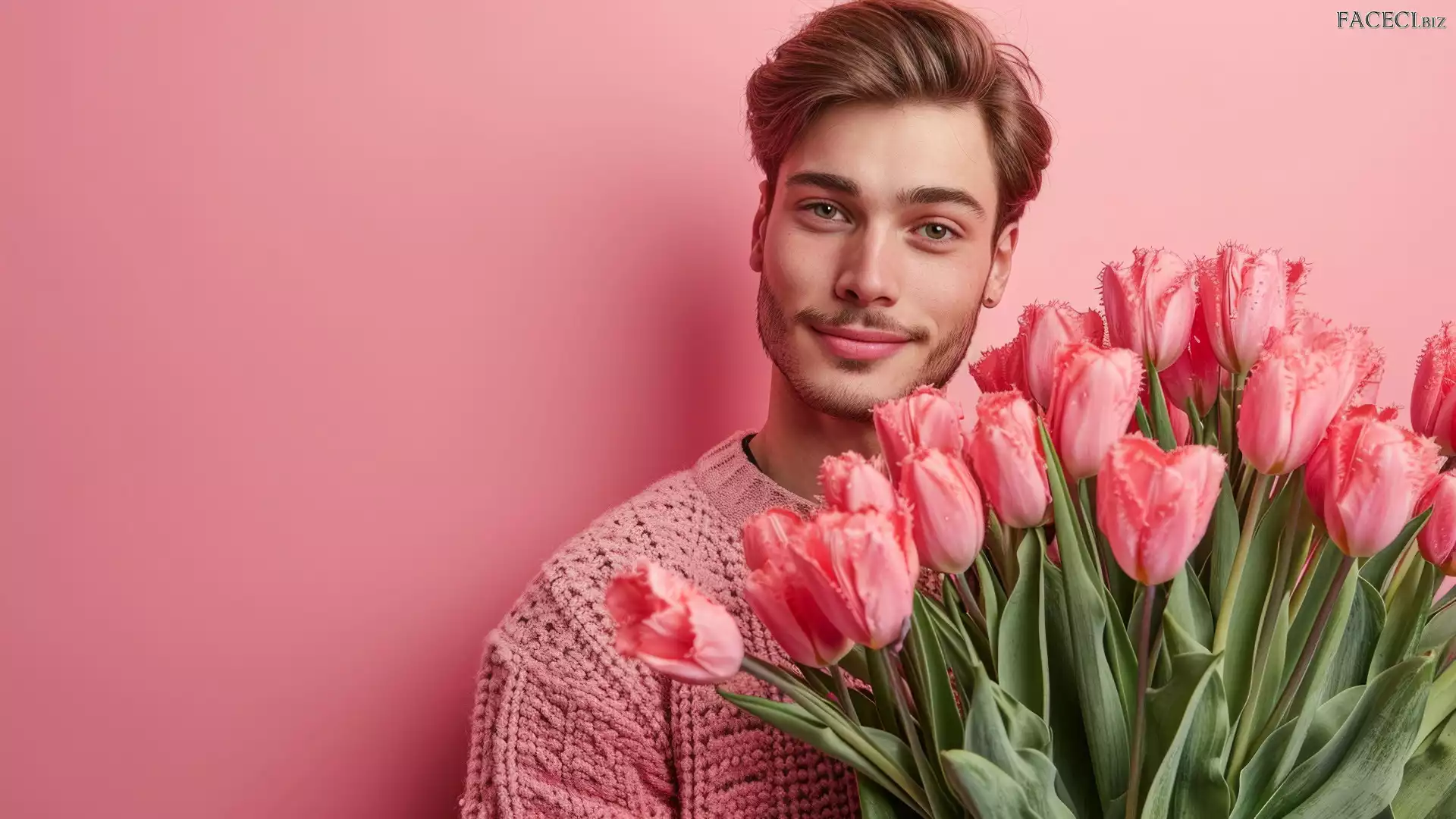 Różowe, Bukiet, Tulipany, Mężczyzna, Kwiaty