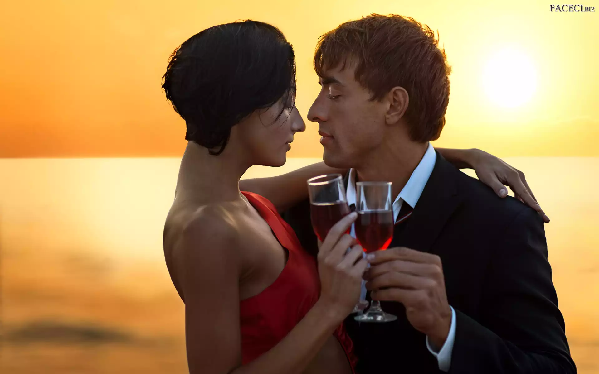 Kieliszki, Para, Ludzie, Alkohol, Wino, Miłosne, Zakochani